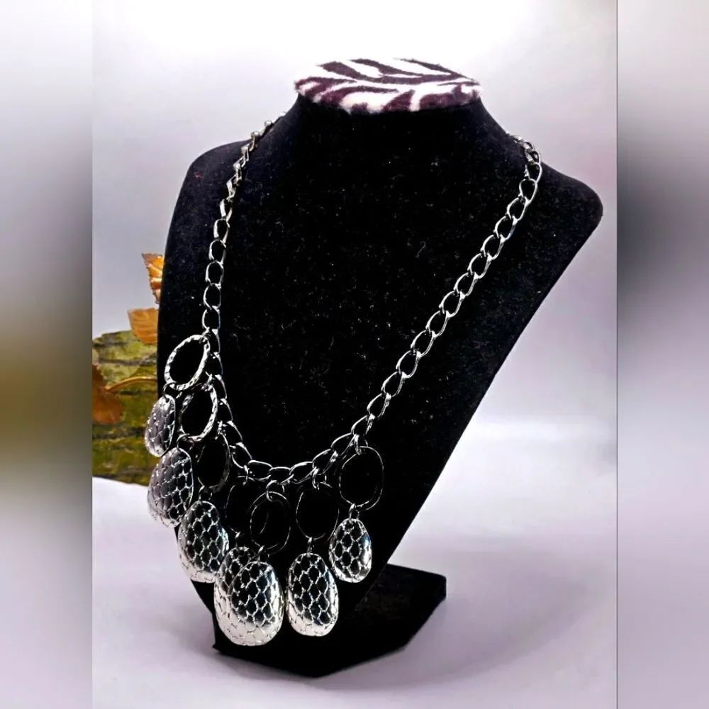"5/$40" Hematite Silvertone Snakeprint Disc Charm Adjustable Bib Necklace